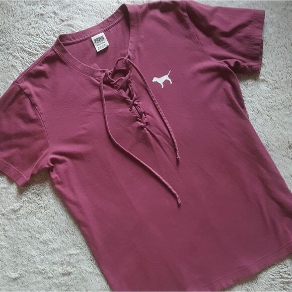 PINK Victoria's Secret Mauve Short Sleeve Tie Front Top Size Small - Picture 1 of 5